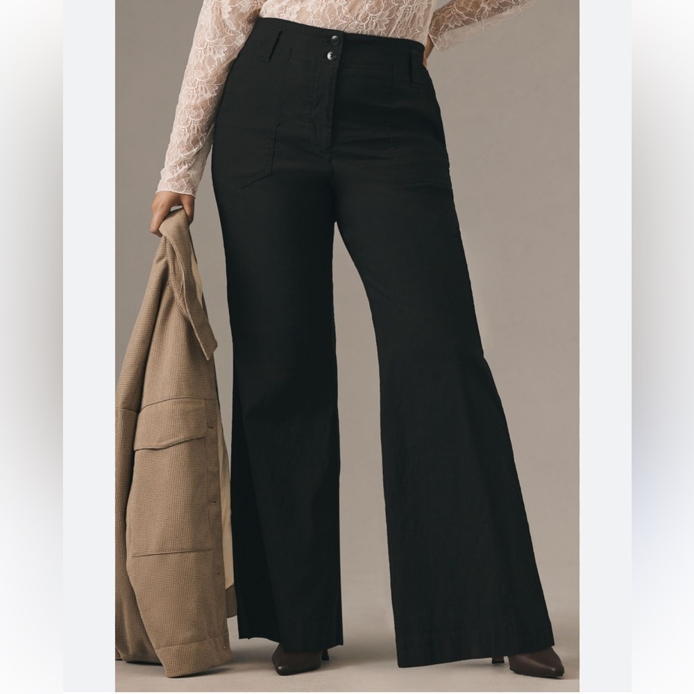 Anthropologie The Naomi Wide-Leg Flare Linen Blend Black Pants Size 20W by Maeve
